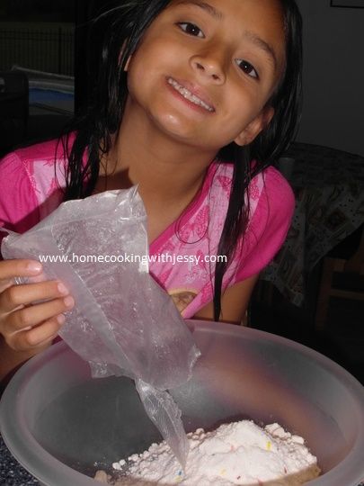 drop the cake mix in the big bowl
