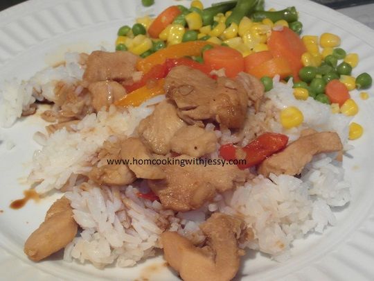 chicken stir fry with mixed vegetables and white rice