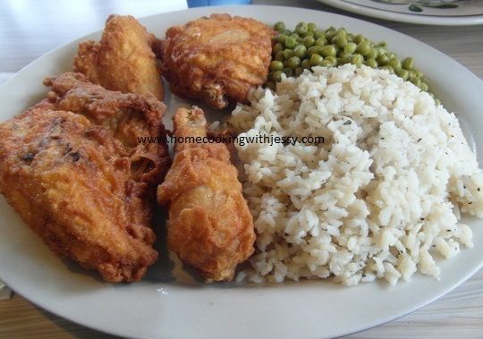 I have friend chicken, peas and rice