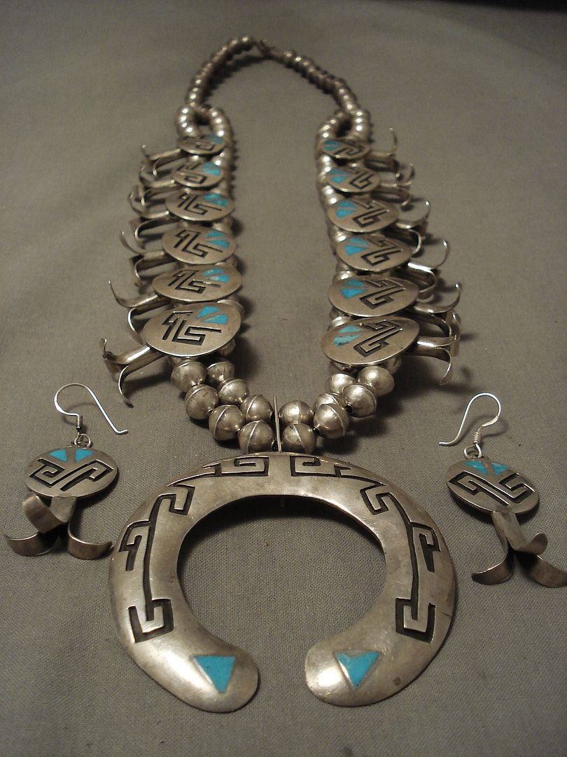 OPULENT VINTAGE HOPI/ NAVAJO TURQUOISE GEOMETRIC SILVER SQUASH BLOSSOM