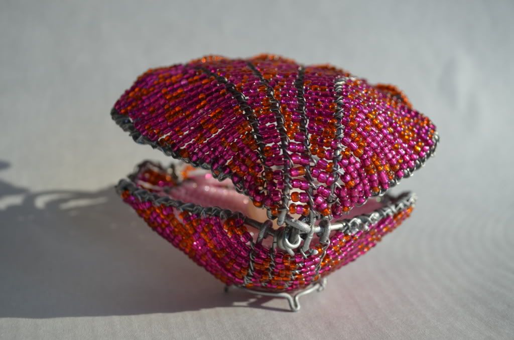 oyster with giant pearl, pink hand beaded , june birthstone